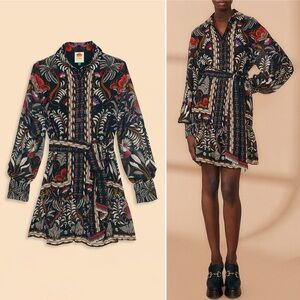 FARM RIO Black Classic Garden Long Sleeve
Mini Dress Collar Button Front Sm NEW